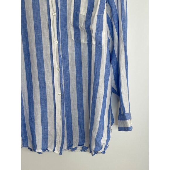 H&M Linen Long Sleeve Button Front Oversized Shirt Blue White Stripe Size Large - Picture 3 of 8